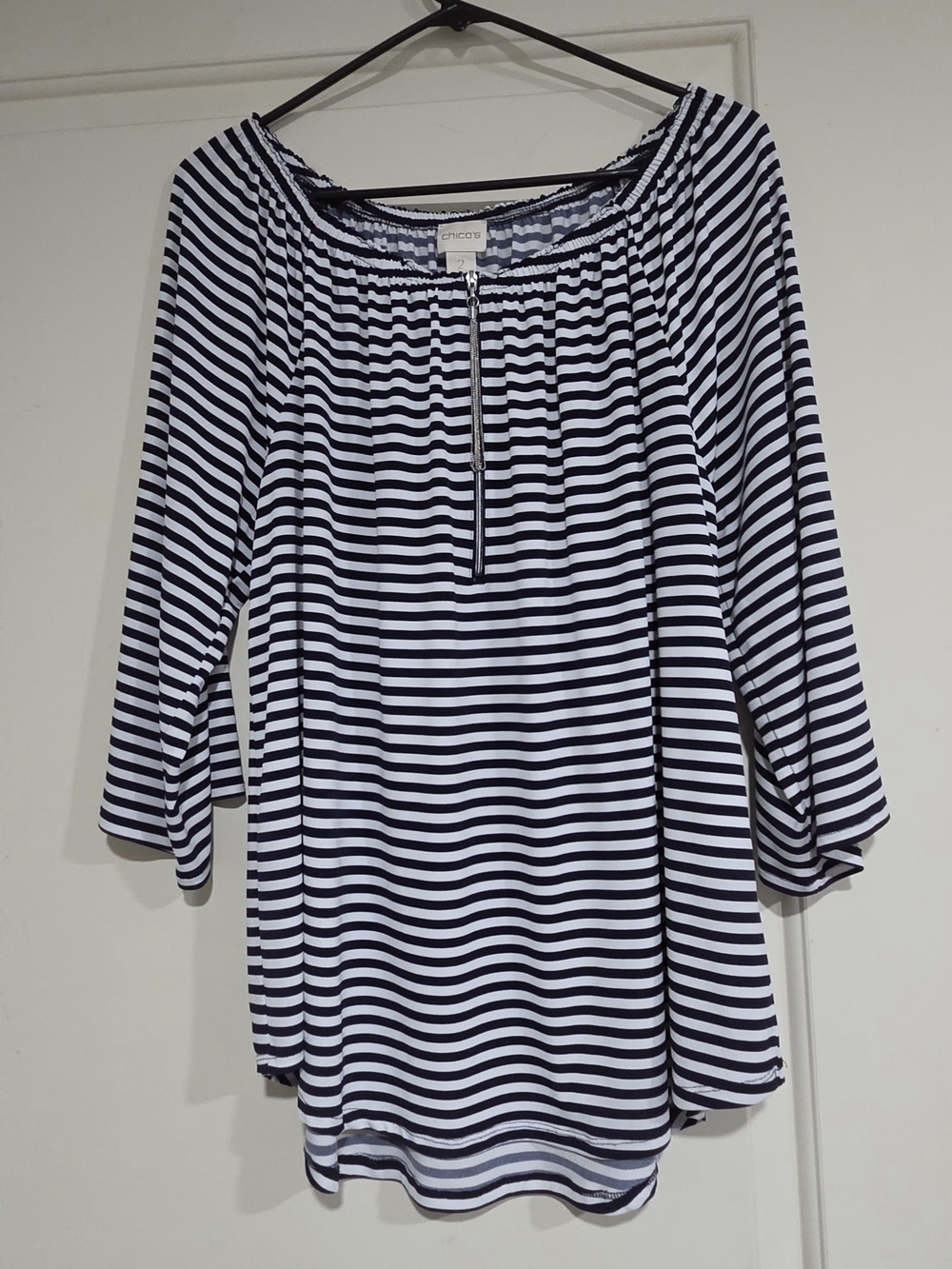 Chico's Navy and White Striped Peasant Blouse with Front Zip